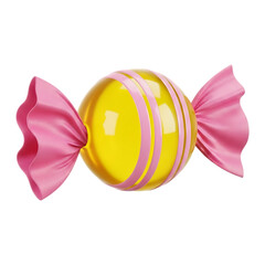 A vibrant 3d rendering of a single, round yellow candy with pink stripes, wrapped in pink foil ends, isolated on transparent background