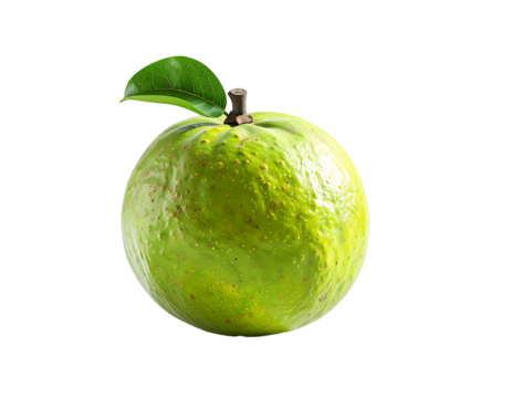 A single, ripe, light-green guava with a small, dark stem and a single leaf atop, isolated on a black background.  The guava's skin shows subtle texture and speckling