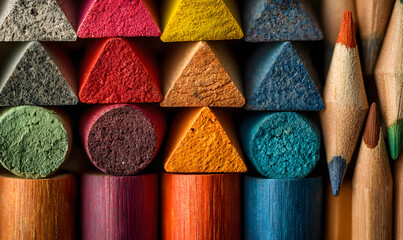 Colored and wooden pencils displayed in close up views, individual pieces and triangular arrangements shown together, isolated presentation with creative stationery set for artistic concept