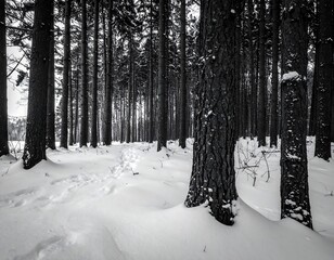 Snowy forest path in monochrome
