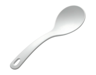 A simple, white, plastic spoon with a rounded bowl and a slightly curved handle, featuring a small hole at the handle's end