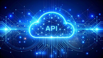 A digital cloud with "API" text, surrounded by a complex network of lines and glowing nodes on a dark blue background. Represents connectivity