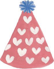 Pink Party Hat with White Hearts and Blue Pom-pom