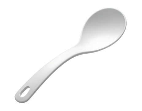 A simple, white, plastic spoon with a rounded bowl and a slightly curved handle, featuring a small hole at the handle's end
