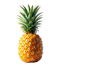 A vibrant, ripe pineapple with a golden-yellow body and a spiky green crown, isolated against a black background