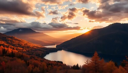 Landscape mountain lake sunset clouds nature travel view scenic autumn forest sky peak