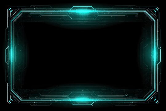 A teal-lit, futuristic frame on a black background.  Complex, glowing lines form a rectangular border