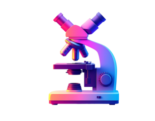 A vibrant, stylized 3D rendering of a compound microscope, bathed in pink and blue gradient lighting, showcasing its intricate details and binocular head
