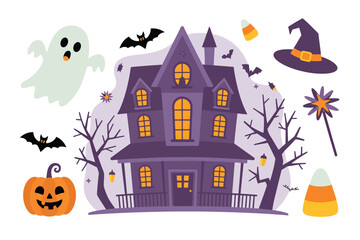 Fototapeta premium Spooky halloween haunted house with ghost bats pumpkin and witch hat