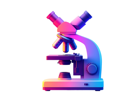 A vibrant, stylized 3D rendering of a compound microscope, bathed in pink and blue gradient lighting, showcasing its intricate details and binocular head