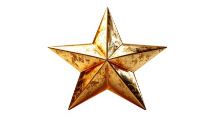 A five-pointed, gold star with a textured, metallic surface, appearing slightly worn or aged, set against a black background
