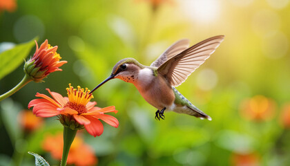 Fototapeta premium Tiny Bird Flying near Blossom in Garden