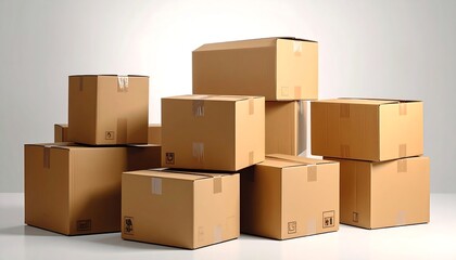 A stack of various sized cardboard boxes against a light-grey background, neatly piled with varying dimensions