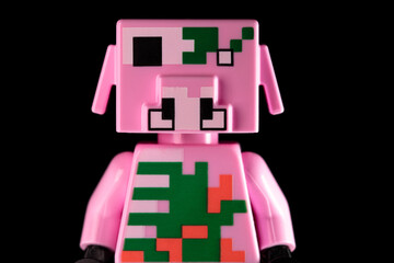 Obraz premium Face of LEGO Minecraft Zombie Piglin on a black background