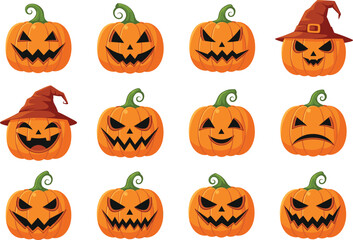 Halloween cartoon jack o lantern pumpkin faces set with witch hats, spooky expressions, scary, funny, cute carved vector illustration icons