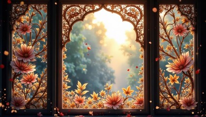 Intricate floral design etched into window, soft light filtering , craft, soft