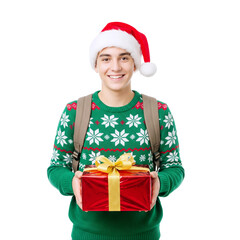 male student with Christmas gift box on hand