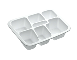 White rectangular plastic tray with six square compartments, ideal for portion control or food storage