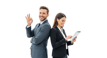 young business couple standing back to back and tablet on hand