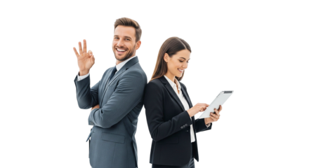 young business couple standing back to back and tablet on hand