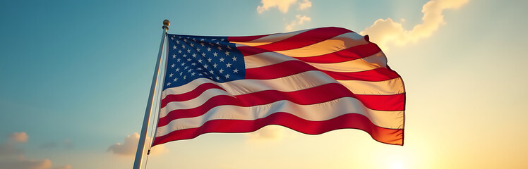 majestic american flag unfurls warm blue dawn sky wispy clouds golden light dancing across fabric billows gently