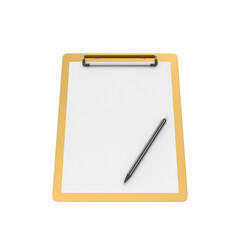 3D render of yellow clipboard with pencil on blank sheet