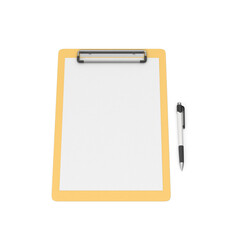 3D render of yellow clipboard with pen beside blank sheet