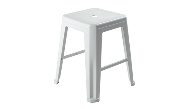 Simple, white plastic stool with a square seat and slightly splayed legs; minimalist design, suitable for indoor or outdoor use