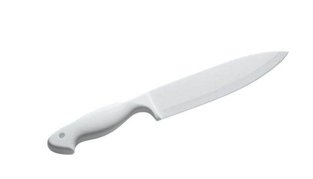 Sleek, white plastic knife with an ergonomic handle and a slightly curved blade, isolated on a black background, suggesting a utilitarian or possibly decorative purpose