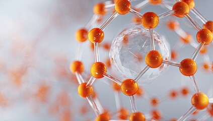 3D model of molecular structure, orange spheres connected by transparent rods.  A transparent globe is within the structure.  Blurred orange dots suggest movement or dispersion
