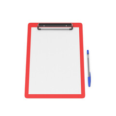 3D render of red clipboard with pen beside paper sheet