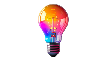 A vibrant, multicolored incandescent lightbulb glows with hues of red, orange, yellow, blue, and purple, showcasing a spectrum of color within its glass casing against a black backdrop