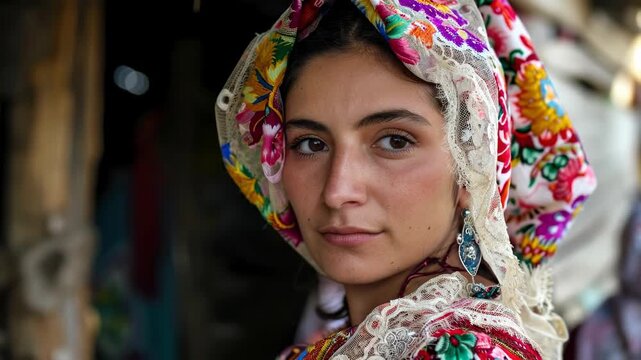 This shows a close-up of a woman, a Gypsy, wearing an elaborate headscarf. She is a Romany traveler, perhaps a nomad, vagabond, or itinerant. She is standing outside during daylight