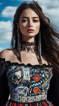 A captivating traveling female poses outdoors, the breeze gently blowing through her dark hair. She is wearing an ornate dress with unique accessories. She resembles a Romany or gypsy wanderer