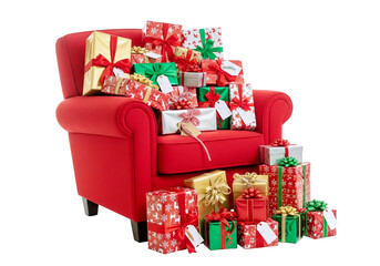 christmas presents and red armchair on white background