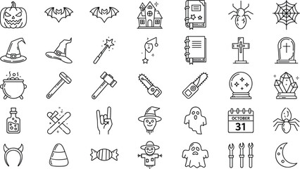Thirty-six Halloween outline vector icons including pumpkins, bats, ghosts, spider webs, haunted house, witch hat, candy, and festive spooky decorations