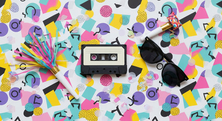 flat lay of geometric retro shapes, cassette tape, sunglasses, and party props arranged on colorful Memphis pattern background