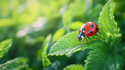 Fototapeta premium Vibrant ladybug rests green leaf, showcasing its bright red shell and black spots, surrounded by lush foliage. scene evokes sense of tranquility
