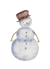 A digital watercolor illustration of a cute snowman, ideal for winter and holiday projects.