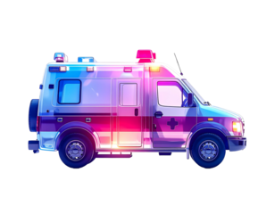 A vibrant, stylized illustration of an emergency medical van, featuring flashing lights and an open side door, set against a black background