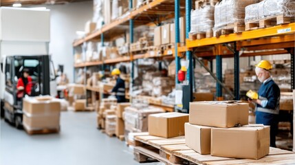 Busy warehouse workers handling packages and organizing supplies during daylight hours in a large storage facility