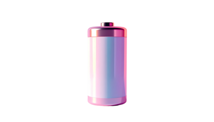 A cylindrical battery with a pastel pink and purple iridescent sheen, featuring a blank white label