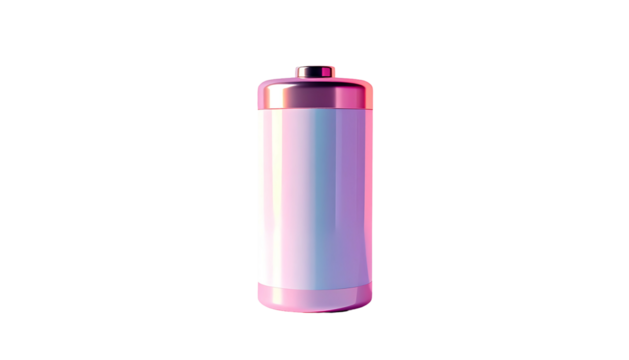 A cylindrical battery with a pastel pink and purple iridescent sheen, featuring a blank white label