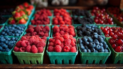 A vibrant display of assorted berries including strawberries, raspberries, blueberries, and blackberries in green baskets.