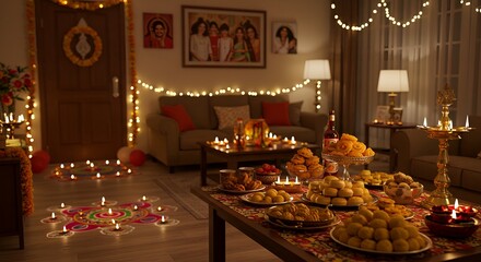 Diwali Celebration: Illuminated Interior with Festive Food and Decorations.