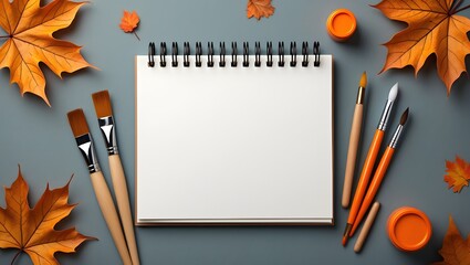 Autumn art sketchbook mockup with fall leaves and paint brushes for creative design projects