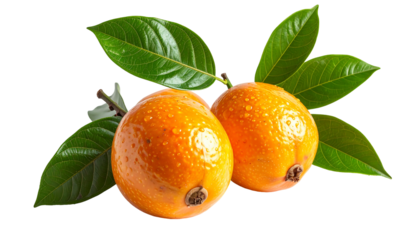 Two vibrant orange fruits, glistening with water droplets, nestled amongst lush green leaves on a dark background
