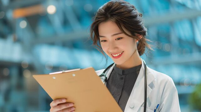 A young woman doctor with stethoscope and clipboard modern hospital, confident professional medical healthcare worker, smiling and reading patient ch
