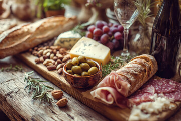 Appetizer plate featuring a variety of snacks including blue cheese, olives, baguette, slices ham, grapes and nuts providing a delightful. Generative AI image