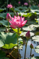 Obraz premium Beautiful pink lotus blooms in sunlight on a serene pond.